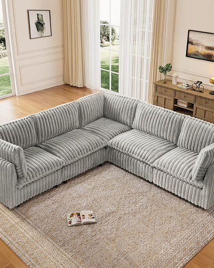 KKL Modular Sectional Couch for Living Room, V Shaped Corduroy Couches with Corner Seat, 5 Seater Oversized Sofa Convertible to Sleeper, Soft Fabric Modern Sofa, Grey