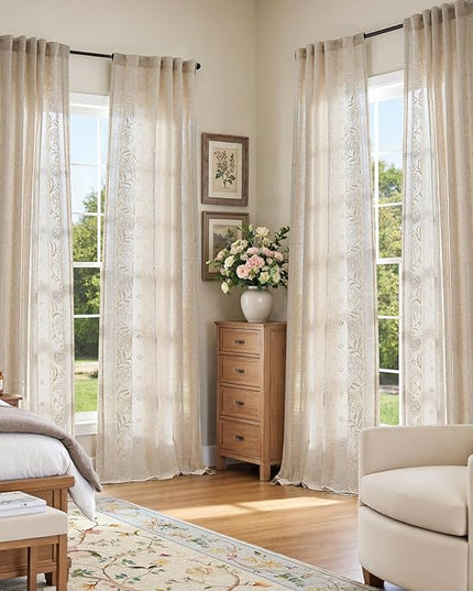 jinchan Winslow Linen Curtains for Living Room Floral Curtains 96 Inch Length Ivory Embroidered Bordered for Sitting Room Farmhouse Decor Light Filtering Window Treatments Set of 4