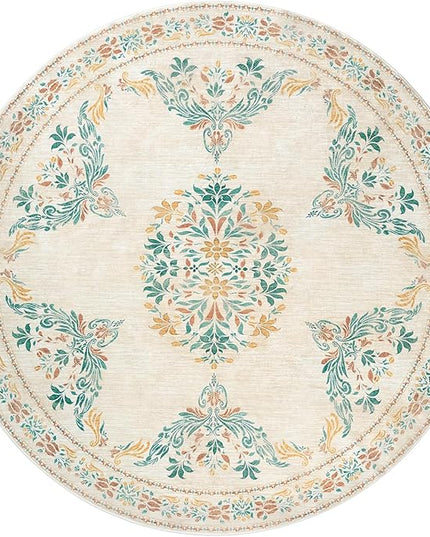 jinchan Round Rug 5ft Area Rugs Vintage Floral Distressed Design, Machine Washable Soft Non-Slip Low-Pile Ultra-Thin Circle Rug for Entryway Living Room Dining Room Bedroom (5' Round, Apricot Multi)