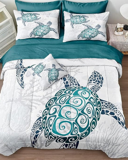 Bedbay Ocean Turtle Bedding Set, 8Pcs King Comforter, Teal Turquoise, Coastal, Microfiber, Bed in a Bag