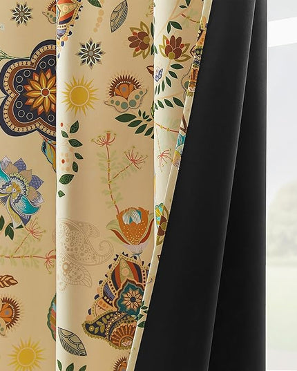 XiDi Beige Floral Curtains 90 Inches Long 2 Panels Vintage Patterned Blackout Curtains for Bedroom Living Room Thermal Insulated Grommet Rustic Luxury Colorful Botanical Flower Printed Drapes 52x90