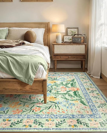 Wonnitar 10x14 Machine Washable Area Rugs, Green Floral Large Rugs for Living Room, Ultra-Thin Foldable Boho Flower Print Bedroom Carpet for Dorm Apartment Office