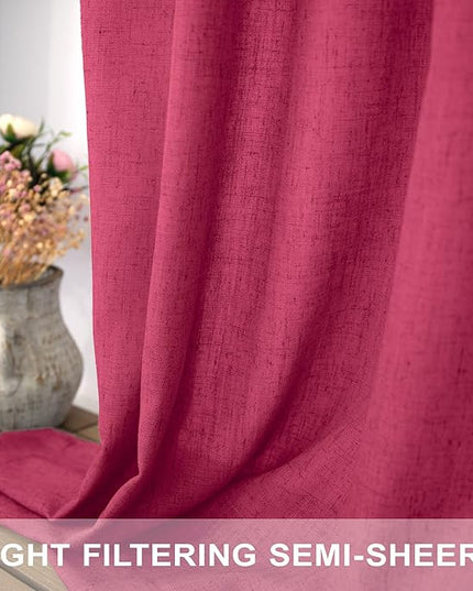 Pitalk Christmas Red Hot Pink Curtains for Bedroom 84 Inch Length 2 Panels Back Tab Pocket Semi Sheer Linen Rainbow Colored Girls Curtain for Kids Room Living Xmas Raspberry Fuchsia Magenta 52x84 Long