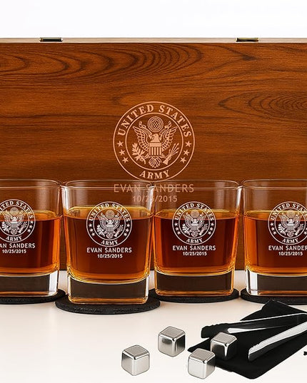 Personalized Military Sets - Custom Engraved Decanter & 4 Scotch Glasses - Army, Navy, Air Force, Coast Guard - Active Duty & Veterans (Sq. Scotch Glass Set)