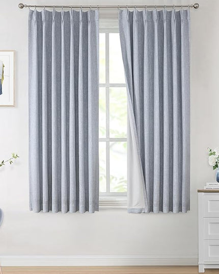Vision Home Chambray Blue Full Blackout Curtains Pinch Pleated Room Darkening Window Curtains 72 inch for Living Room Bedroom Thermal Insulated Pinch Pleat Drapes with Hooks Back Tab 2 Panel 40"Wx72"L