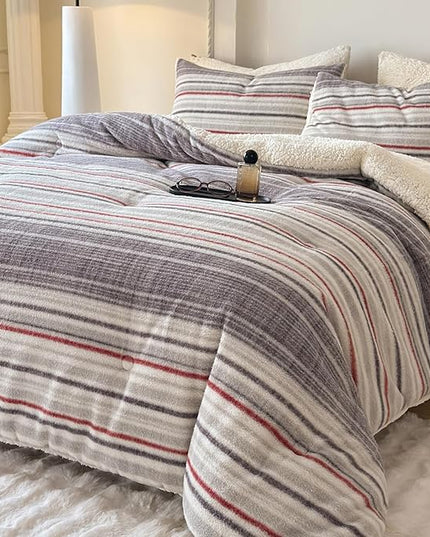 Cyusri Striped Sherpa Comforter Set 3Pcs Fluffy Warm Fleece Down Alternative, Grey Red Bedding Set with 2 Pillowcases, King Size 104"x90"