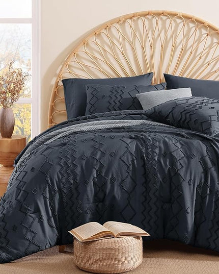 Queen Comforter Set Navy Blue, Tufted Boho Bedding Farmhouse Bed Set, All Season 7 Pieces Bed in a Bag with Sheets, Pillowcases & Shams
