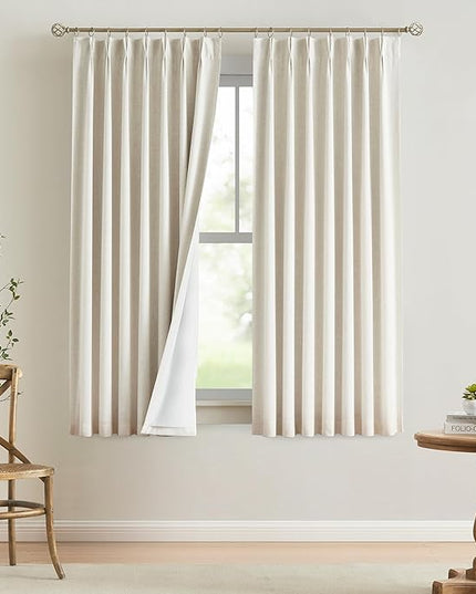 Vision Home Natural Pinch Pleated Full Blackout Curtains Linen Blended Room Darkening Window Curtains 72 inch for Living Room Bedroom Thermal Insulated Pinch Pleat Drapes with Hooks 2 Panel 40"Wx72"L