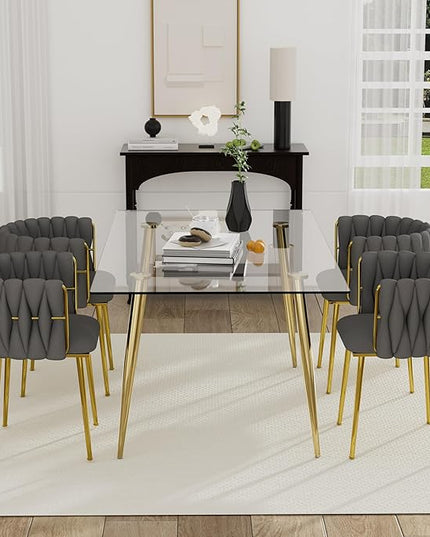 Gold Glass Dining Room Table Set for 4, 63'' Modern Luxury Rectangular Dinner Table Set, 5 PCS Clear Glass Top Minimalist Kitchen Table Set, Grey Woven Dining Chair for Home Large Place
