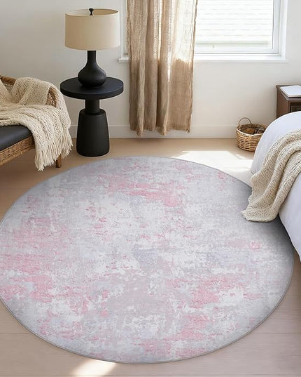 Modern Abstract 6x6 Round Area Rug Non Slip Non Shedding Rug Low Pile Stain Resistant for Bedroom Living Room Office Dining Room,Grey Pink