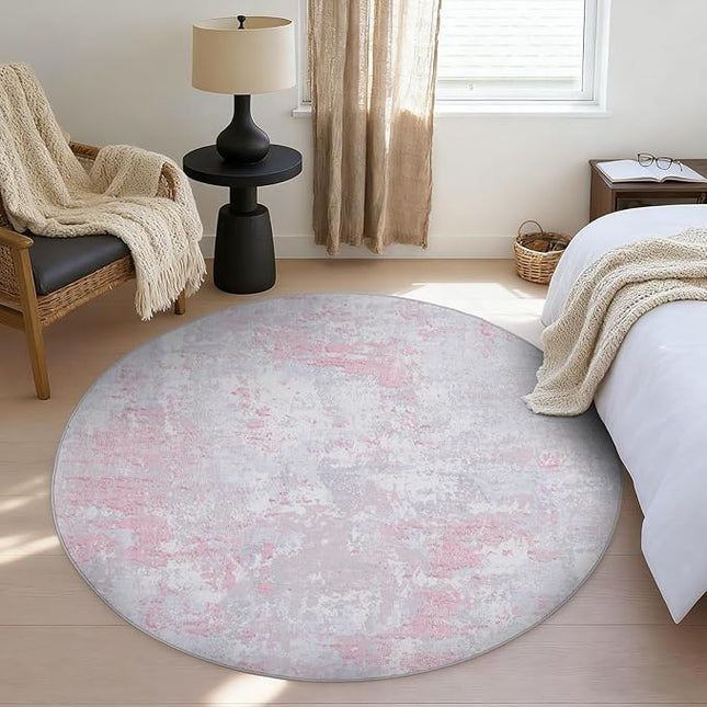 Modern Abstract 4x4 Round Area Rug Non Slip Non Shedding Rug Low Pile Stain Resistant for Bedroom Living Room Office Dining Room,Grey Pink