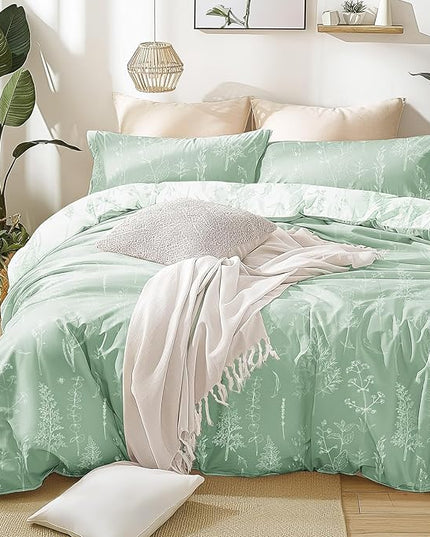 Love's cabin Comforter King Size Set - Sage Green King Comforter Set, 3 Pieces Cute Floral Bedding Sets for All Seasons,1 Soft Reversible Botanical Flowers Comforter and 2 Pillow Shams