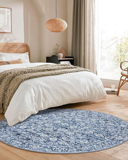 6' Round Rug Washable Rug for Entryway, Blue Soft Non-Slip Area Rugs Distressed Floral Low-Pile Carpet, Neutral Vintage Circle Rugs for Living Room Dining Bedroom Foyer