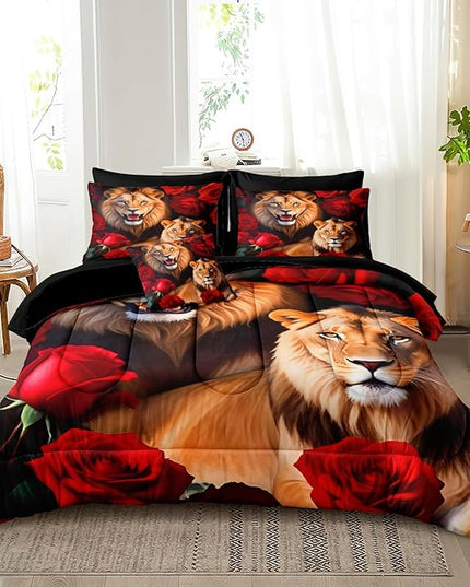 Bedbay Bedding Comforter Set King Size Wild Animal Bedding Set Rose Flowers and Lion Couple Printed 8 Pieces King Bed in a Bag Set Teen Adults Comforter Set with Sheets