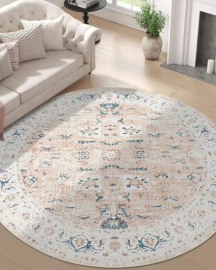 jinchan Round Rug 7ft Area Rug - Washable Boho Vintage Floral Circle 7' Round Floor Cover Lightweight Low Pile Thin Throw Non-Slip Carpet for Kitchen Living Room Bedroom Dining Room Office Pink Blush