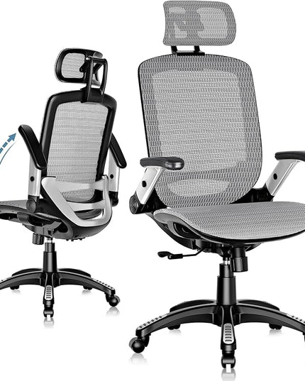 GABRYLLY Ergonomic Office Chair, High Back Home Desk Chair with Headrest, Flip-Up Arms, 90-120° Tilt Lock and Wide Cushion, Big and Tall Mesh Chairs for Man Woman, Grey Task Chair