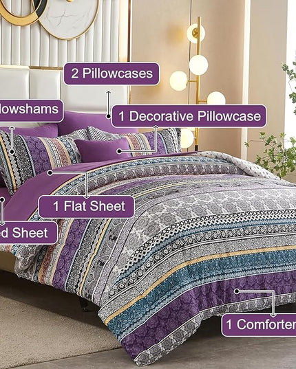 Cottolester Boho Comforter Set Queen Size,8 Piece Bed in a Bag Bohemian Striped Bedding Quilt Set,Purple Paisley Floral Comforter and Sheet Set,Soft Microfiber Complete Bedding Sets for All Season