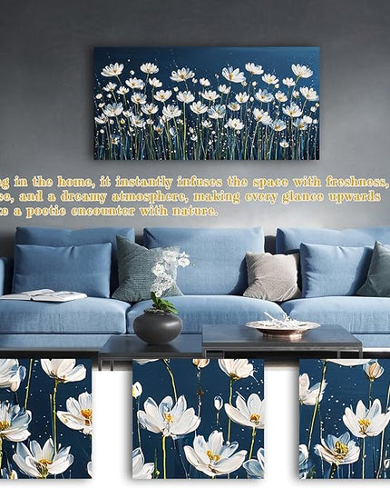 HUADAOART White Daisy Floral Canvas Wall Art Navy Blue Background Living Room Bedroom Decor Size: 24" x 48" Ready to Hang