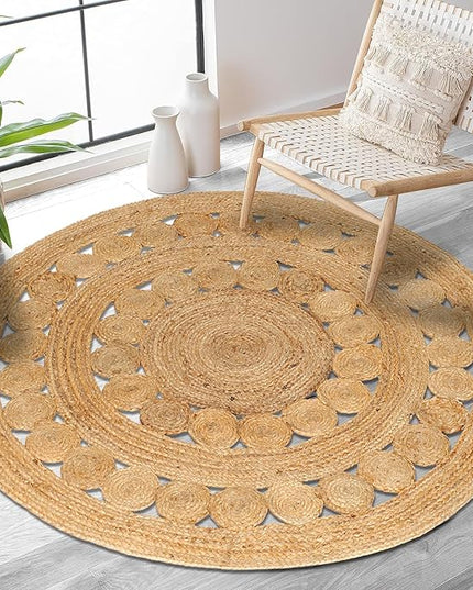 Hand Woven Jute Area Rug - 4' Round - Rustic Beige Reversible Farmhouse Rugs for Bedroom, Kitchen, Living Room - Vintage Natural Braided Entry Floor Décor Circle Boho Round Rugs 4 feet