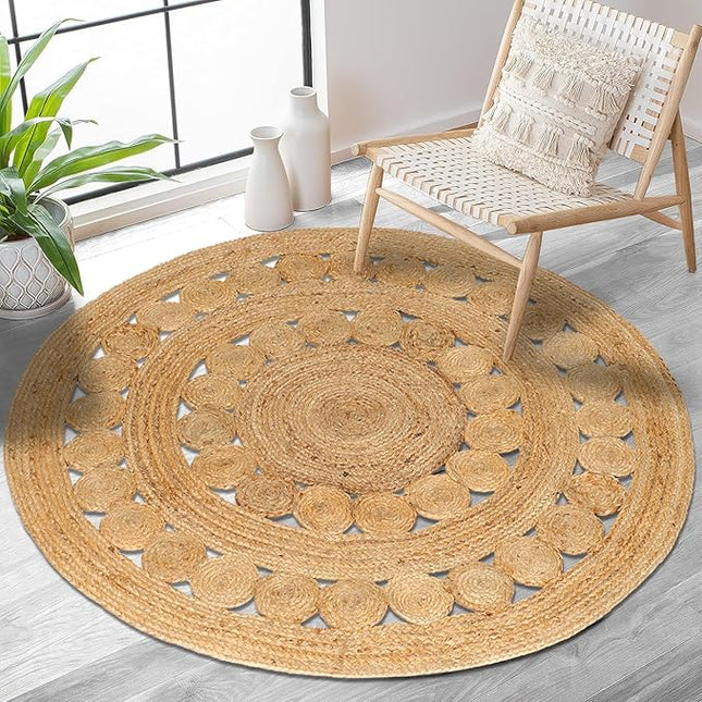 Hand Woven Jute Area Rug - 4' Round - Rustic Beige Reversible Farmhouse Rugs for Bedroom, Kitchen, Living Room - Vintage Natural Braided Entry Floor Décor Circle Boho Round Rugs 4 feet
