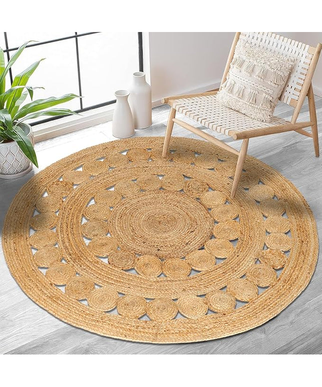 Hand Woven Jute Area Rug - 5' Round - Rustic Beige Reversible Farmhouse Rugs for Bedroom, Kitchen, Living Room - Vintage Natural Braided Entry Floor Décor Circle Boho 5 Foot Round Rug