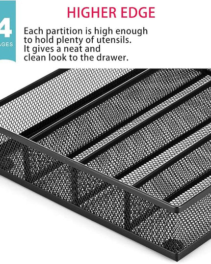 JANE EYRE Utensil Drawer Organizer, Cutlery Tray Silverware Flatware Storage Divider for Kitchen, Mesh Wire with Non-slip Foam Feet, 5 Component, Black