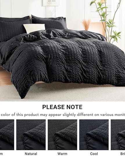 HYMOKEGE Black Oversized Queen Comforter Set Seersucker 7 Pieces, All Season Luxury Bed in a Bag for Bedroom, Bedding Set with Comforter, Sheets, Pillowcases & Shams