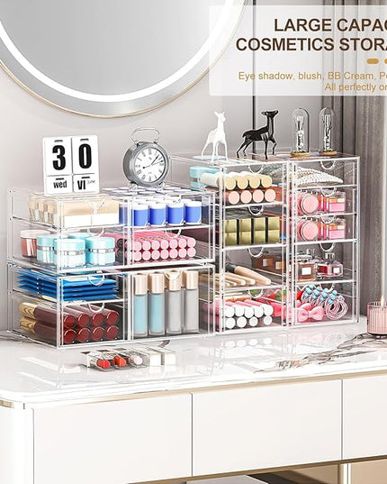 Makeup Organizer Storage with 16 Drawers, 4 Pcs Desktop Office Supplies, Desk Organizers, Clear Accessories, Dustproof Storage Drawer and for Make Up, Jewelry, Pen, Stationary