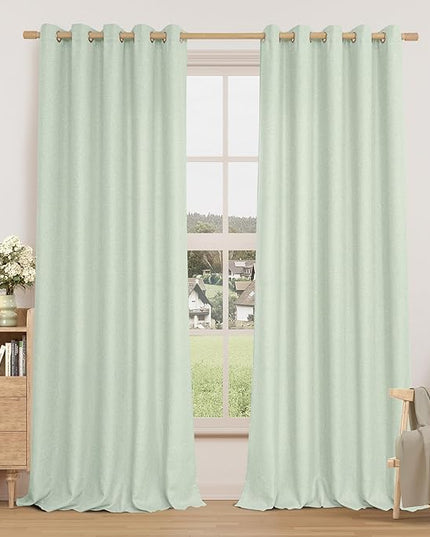 LAMIT Light Green Linen Textured Curtains for Bedroom, Grommet Thermal Insulated Thick Curtains Light Reducing Panels for Living Room/Outdoor/French Door, Set of 2 Panels, W60 x L84