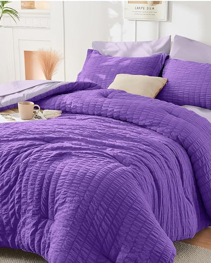 HYMOKEGE Dark Purple/Lavender King Size Comforter Set Seersucker 7 Pieces, All Season Luxury Bed in a Bag for Bedroom, Bedding Set with Comforter, Sheets, Pillowcases & Shams