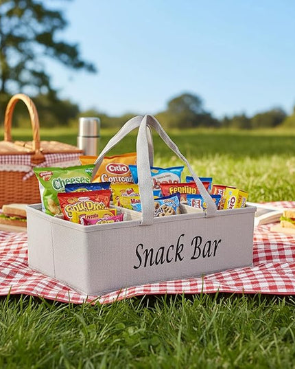 Snack Organizer for Countertop, Fabric Snack Organizer with Handle, 6 Compartment Snack Tray Snack Basket Container, Foldable Picnic Basket, Kitchen Pantry Organizer and Storage-Khaki Stripe