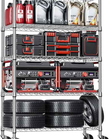 IZEUK 5-Tier Storage Shelving Unit with Wheels, Adjustable Heavy Duty Steel Wire Rack Organizer (Chrome, 17.7" D x 47.2" W x 76.7" H, 1750 lbs Capacity) for Garage, Kitchen, Pantry, Laundry, Basement