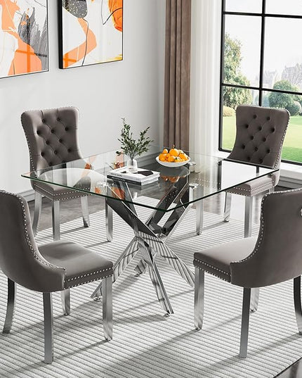 Glass Dining Table Set for 4, Square 36" Dining Table with Silver Cross Metal Leg, 4 Gray Velvet Dining Chairs with Stainless Steel Legs, Modern Glass Kitchen Table and Chairs Set for Small Space