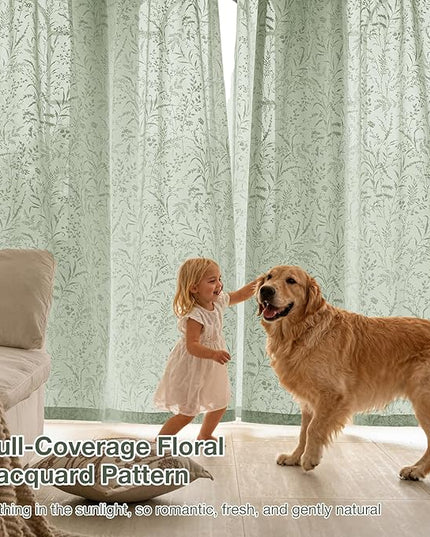 Anmao Sage Green Semi Sheer Light Filtering Short Curtains 45 Inches Long 2 Panels, Leaf Pattern Drapes for Living Room Bedroom, Rod Pocket Sheer Window Treatments with Floral Design, 52x45 Inch