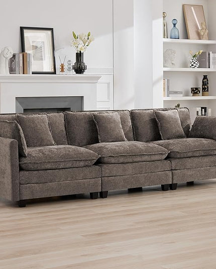 111'' Sectional Cloud Deep Seat Couch, Modern Comfy Chenille Modular Sectional Sofa for Living Room Set, Upholstered Modular 3-Seats Sofa Couch, Brown