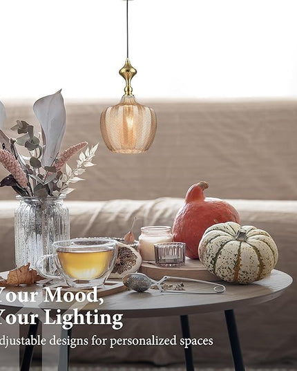 Modern Glass Pendant Light, 9.5"x16.5" Amber Sunset-Striped Light Fixture with Gold Cap, 15"-72" Adjustable Line, E26 Socket for Kitchen Island or Hallway – Sunset Gold Tulip