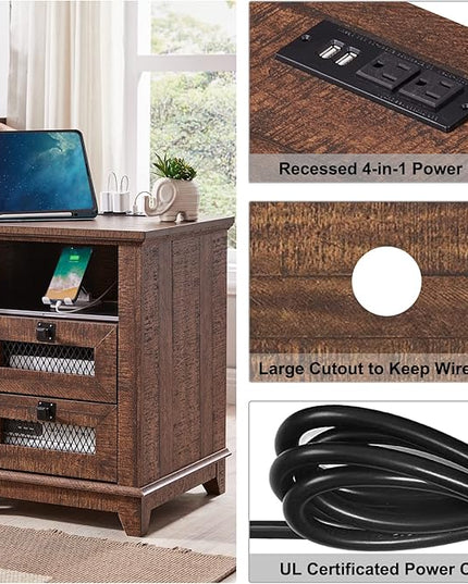Nightstand with Charging Station,OKD 18'' Industrial & Farmhouse End Table with 2 Drawers &Open Cubby, Rustic Mesh Drawer Sofa Side Table w/Storage for Bedroom, Living Room, Office, Reclaimed Barnwood