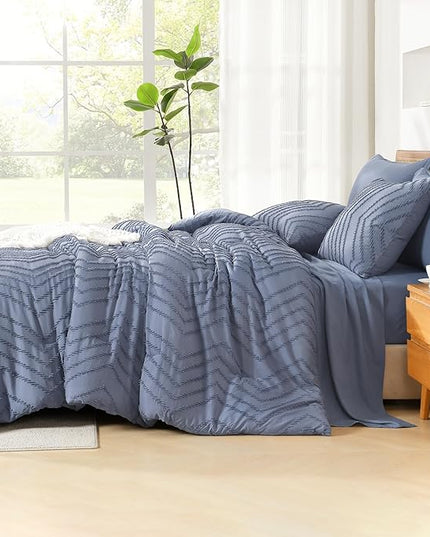 Litanika Queen Size Comforter Set with Sheets Bluish Grey - 7 Pieces Bed in a Bag Queen Chevron Tufted Complete Bedding Sets with Comforter, Sheets, Pillowcases & Shams