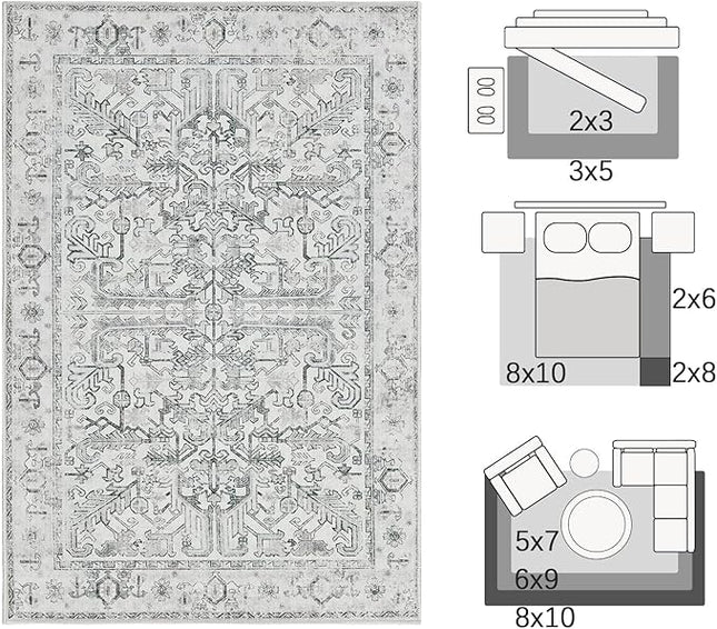 jinchan Lima Hallway Runner Rug 2x10 - Kitchen Washable Rug Floral Runner Non Slip with Rubber Backing Ultra-Thin Vintage Carpet for Bedroom Laundry Room Living Room (2x10ft, Grey)