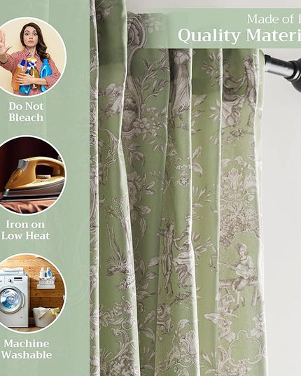 Maison d' Hermine Curtains for Living Room 100% Cotton 108 inch Length One Panel Light Filtering Toile Curtains for Bedroom Windows with Rod and Loop Pockets Drapes (Joli Jouy Green, 50" W x 108" L)