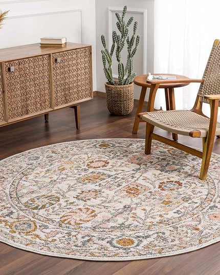 BoutiqueRugs Herstmonceux Boho Vintage Colorful Area Rug - Farmhouse Traditional Floral Rug for Living Room, Bedroom - Cream, Green, Sage, Red, Gray, Taupe, Coral - 6'7" Square