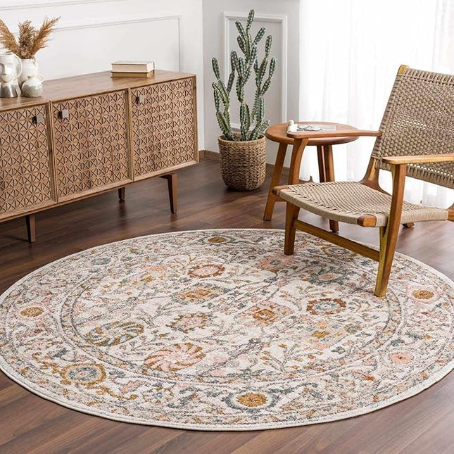 BoutiqueRugs Herstmonceux Boho Vintage Colorful Area Rug - Farmhouse Traditional Floral Coral Carpet for Living Room, Bedroom - Cream, Green, Sage, Red, Gray, Taupe, Coral - 5'3" Round