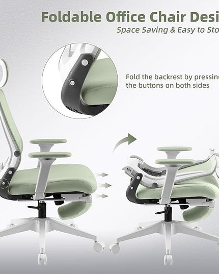 Foldable Office Chair with Foot Rest, Ergonomic Office Chair with Adjustable Lumbar Support, Headrest, Armrest, Home Office Desk Chair for Space Saving, Work from Home, Green