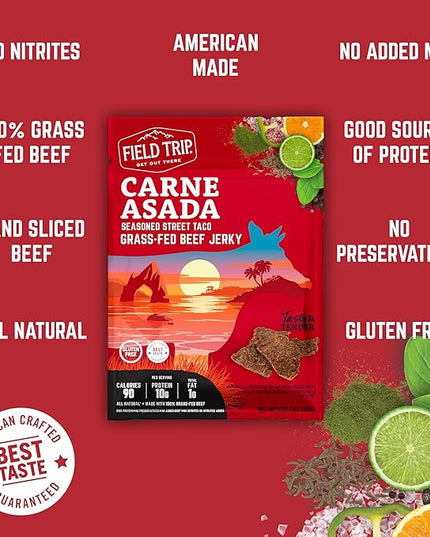 Field Trip Grass Fed Beef Jerky, Healthy Gluten Free Snacks, All Natural, Paleo-Friendly Beef Jerky, High Protein, Low Carb Snack with No Nitrates, 1oz Bag, 12 Pack, Carne Asada