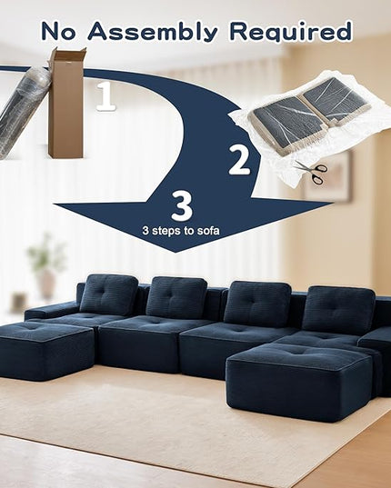 Hommoo 153" Oversized Sectional Sofa, Modular U Shaped Couch with Ottoman, Comfy Corduroy Couches with Deep Seat, 6 Seat Convertible Boneless Sofa for Living Room No Assembly Required Blue