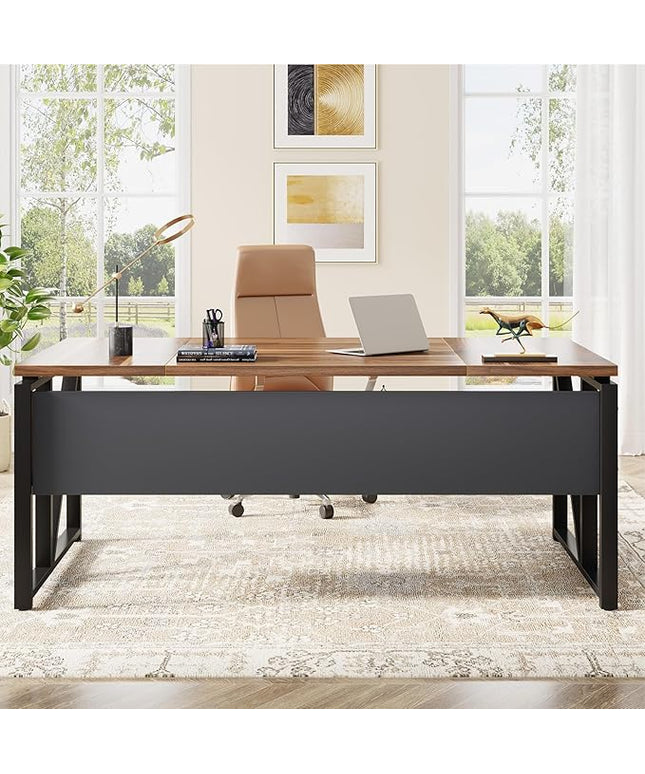 Tribesigns 63 inches Computer Desk with Bottom Storage Shelf Home Office Desk Writing Table for Workstation, Dark Walnut + Steel Leg, Cabinet not Included (Walnul, 63-inch-with Shelf)