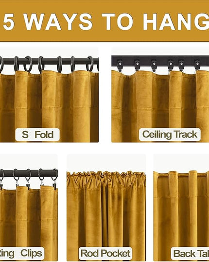 KOUFALL Colorful Boho Curtains 63 Inch Length for Living Room, Mustard Yellow Room Darkening Retro Mid Century Modern Accent Curtains for Bedroom 63 Inch Long 2 Panels Set