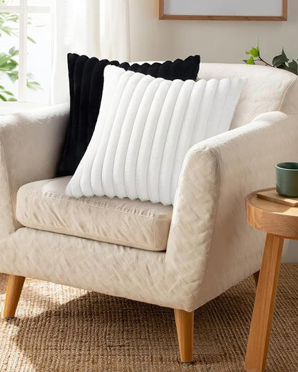 Pallene Faux Fur Plush Throw Pillow Covers 16x16 Set of 2, Luxury Soft Fluffy Striped Decorative Pillow Covers for Sofa, Couch, Living Room, White