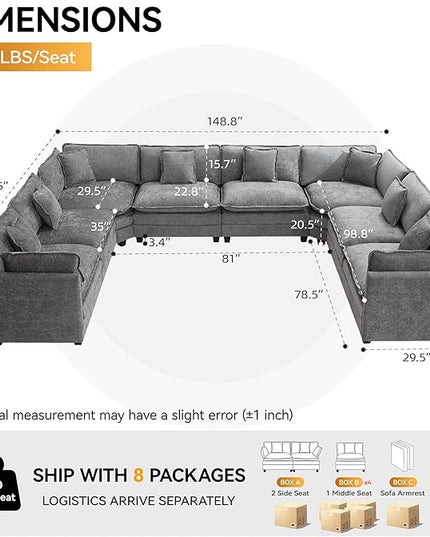 147'' Oversized U Shaped Cloud Sectional Sofa, Chenille Deep Seat Couches for Living Room, Comfy Upholstered Modular Sectional Sofa Couch, Grey