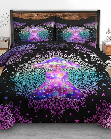 Comforter Set Queen Size, Mushroom Lotus 7 Pcs Bedding for Kids and Adults, Hippie Colorful Mandala Bed Sheet Sets with Fitted Sheet 2 Pillowcases & 2 Shams for Bedroom Bed Decor